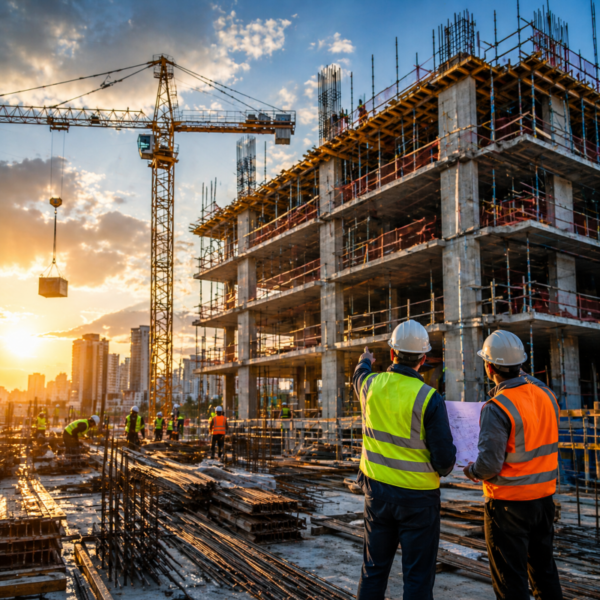 Two people looking over a construction site
